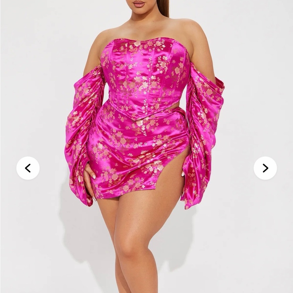 Metallic Gold Floral Hot Pink Satin Strapless Corset And Skirt Set